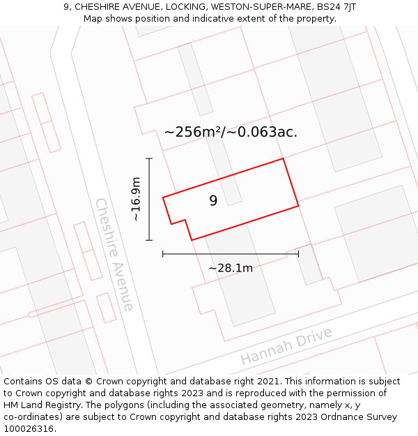 9, CHESHIRE AVENUE, LOCKING, WESTON-SUPER-MARE, BS24 7JT: Plot and title map