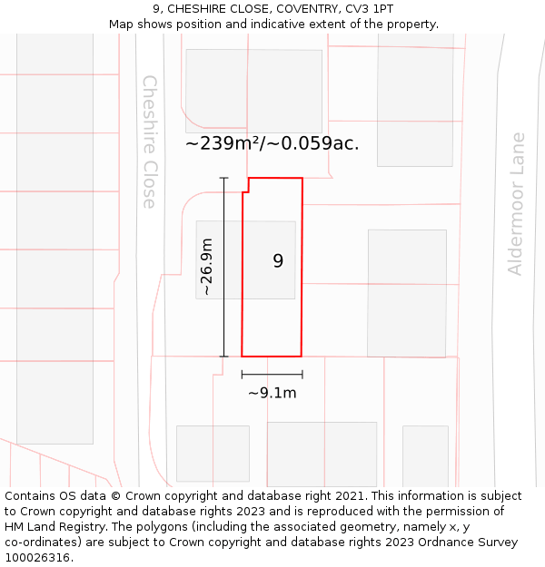 9, CHESHIRE CLOSE, COVENTRY, CV3 1PT: Plot and title map
