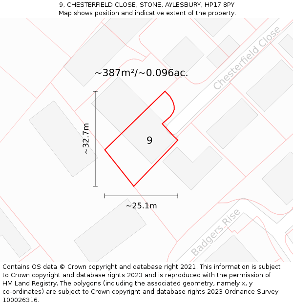 9, CHESTERFIELD CLOSE, STONE, AYLESBURY, HP17 8PY: Plot and title map
