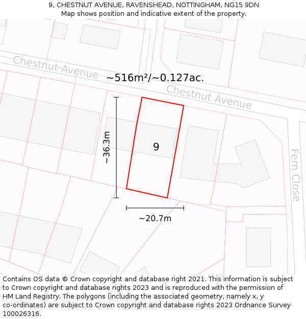 9, CHESTNUT AVENUE, RAVENSHEAD, NOTTINGHAM, NG15 9DN: Plot and title map