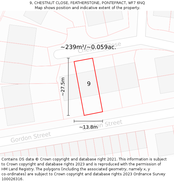 9, CHESTNUT CLOSE, FEATHERSTONE, PONTEFRACT, WF7 6NQ: Plot and title map