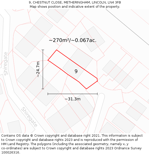 9, CHESTNUT CLOSE, METHERINGHAM, LINCOLN, LN4 3FB: Plot and title map