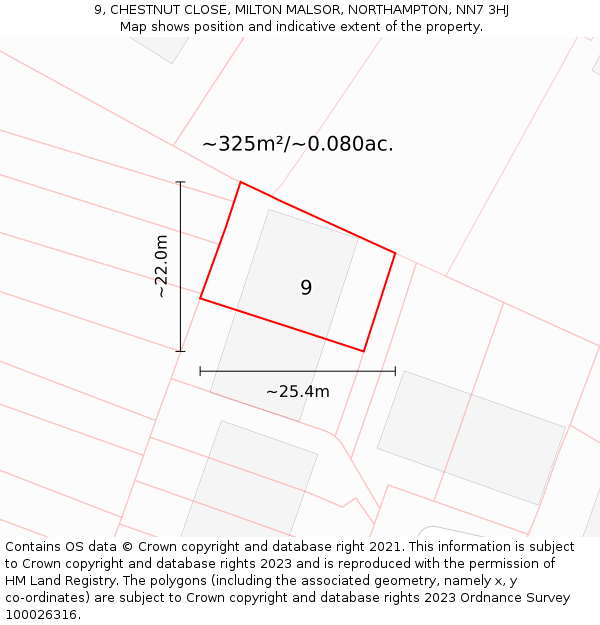 9, CHESTNUT CLOSE, MILTON MALSOR, NORTHAMPTON, NN7 3HJ: Plot and title map