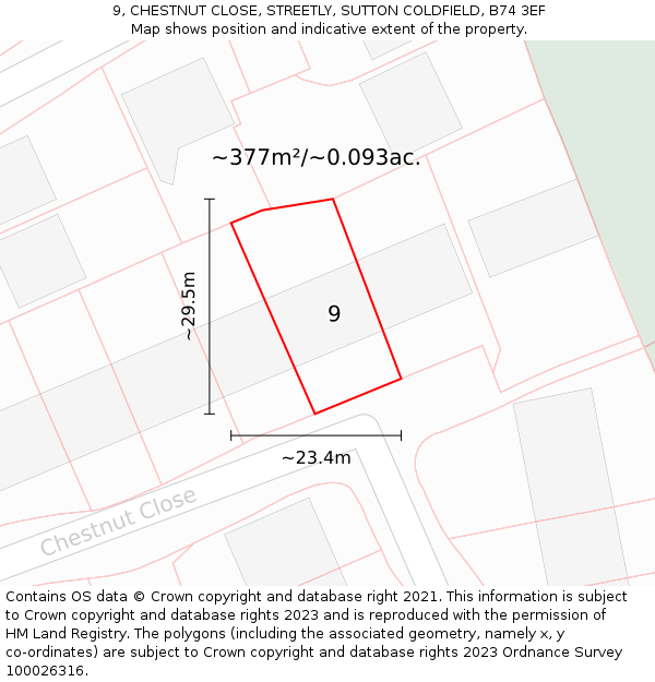 9, CHESTNUT CLOSE, STREETLY, SUTTON COLDFIELD, B74 3EF: Plot and title map