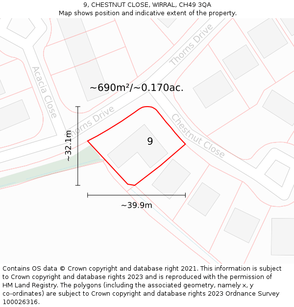 9, CHESTNUT CLOSE, WIRRAL, CH49 3QA: Plot and title map