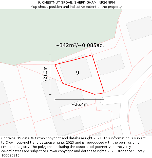 9, CHESTNUT GROVE, SHERINGHAM, NR26 8PH: Plot and title map