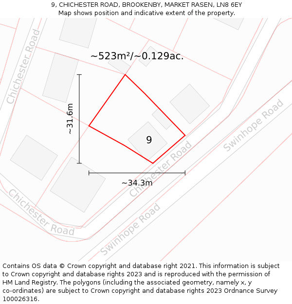 9, CHICHESTER ROAD, BROOKENBY, MARKET RASEN, LN8 6EY: Plot and title map