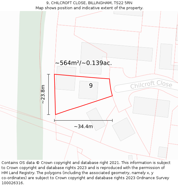9, CHILCROFT CLOSE, BILLINGHAM, TS22 5RN: Plot and title map
