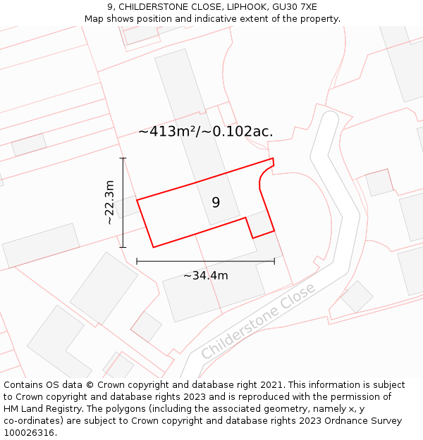 9, CHILDERSTONE CLOSE, LIPHOOK, GU30 7XE: Plot and title map