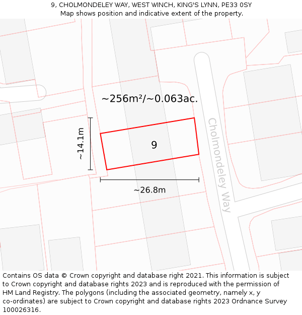 9, CHOLMONDELEY WAY, WEST WINCH, KING'S LYNN, PE33 0SY: Plot and title map