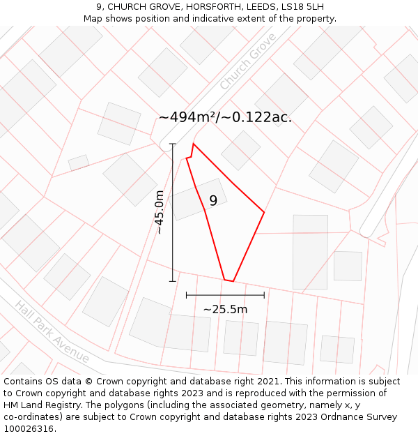 9, CHURCH GROVE, HORSFORTH, LEEDS, LS18 5LH: Plot and title map