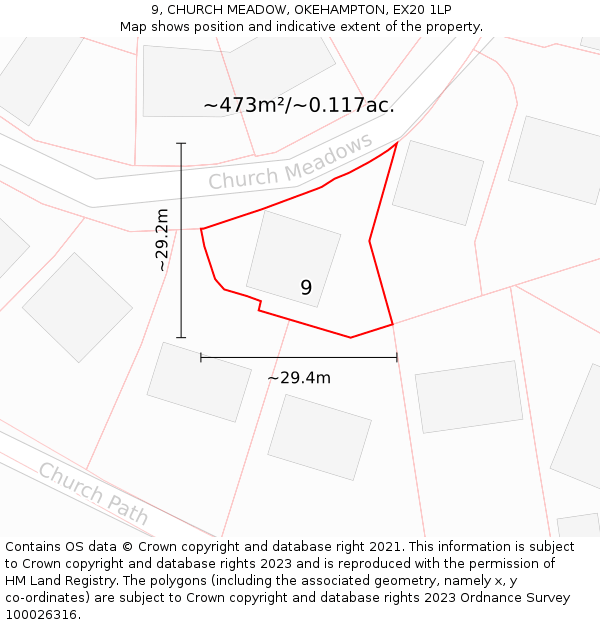 9, CHURCH MEADOW, OKEHAMPTON, EX20 1LP: Plot and title map