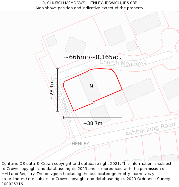 9, CHURCH MEADOWS, HENLEY, IPSWICH, IP6 0RP: Plot and title map