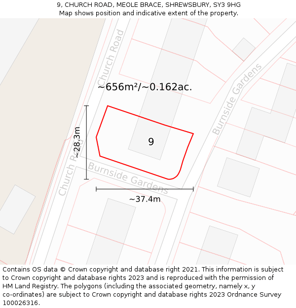 9, CHURCH ROAD, MEOLE BRACE, SHREWSBURY, SY3 9HG: Plot and title map