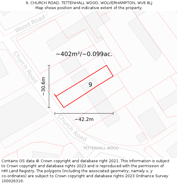 9, CHURCH ROAD, TETTENHALL WOOD, WOLVERHAMPTON, WV6 8LJ: Plot and title map