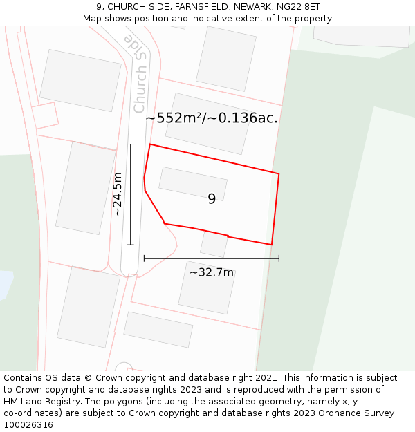 9, CHURCH SIDE, FARNSFIELD, NEWARK, NG22 8ET: Plot and title map