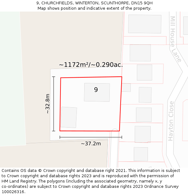 9, CHURCHFIELDS, WINTERTON, SCUNTHORPE, DN15 9QH: Plot and title map