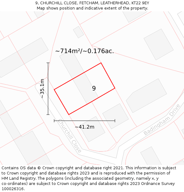 9, CHURCHILL CLOSE, FETCHAM, LEATHERHEAD, KT22 9EY: Plot and title map