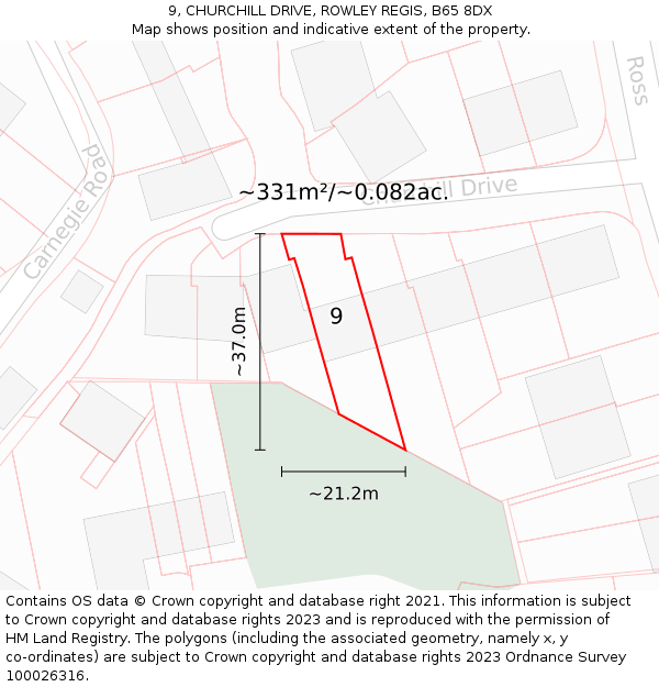 9, CHURCHILL DRIVE, ROWLEY REGIS, B65 8DX: Plot and title map