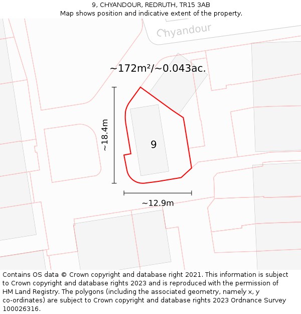9, CHYANDOUR, REDRUTH, TR15 3AB: Plot and title map