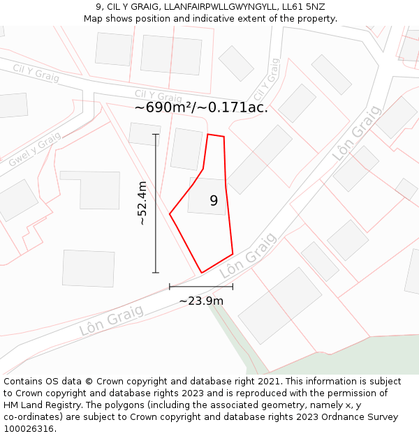 9, CIL Y GRAIG, LLANFAIRPWLLGWYNGYLL, LL61 5NZ: Plot and title map