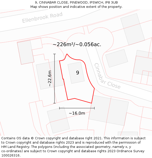 9, CINNABAR CLOSE, PINEWOOD, IPSWICH, IP8 3UB: Plot and title map