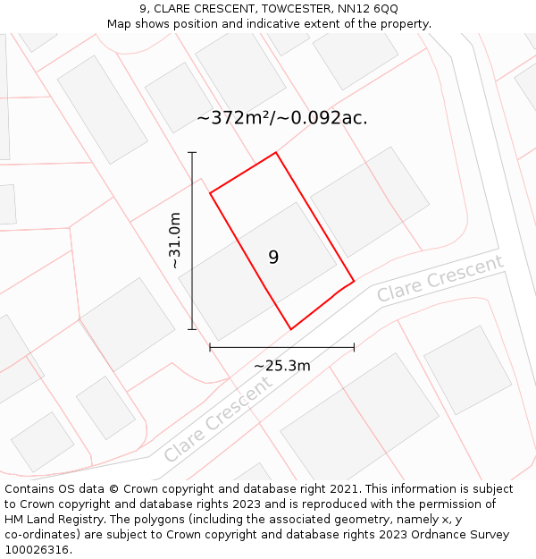 9, CLARE CRESCENT, TOWCESTER, NN12 6QQ: Plot and title map