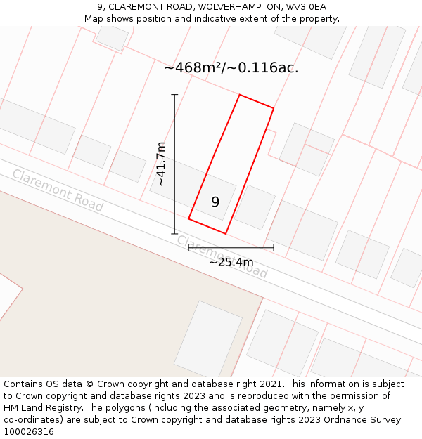 9, CLAREMONT ROAD, WOLVERHAMPTON, WV3 0EA: Plot and title map