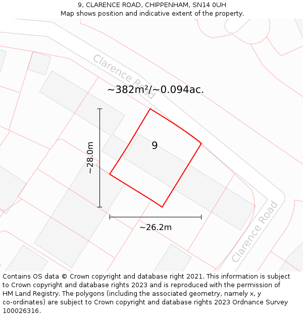 9, CLARENCE ROAD, CHIPPENHAM, SN14 0UH: Plot and title map