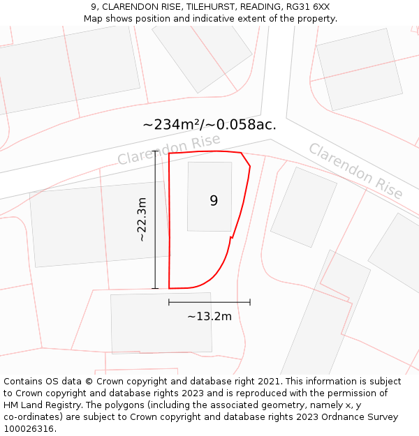 9, CLARENDON RISE, TILEHURST, READING, RG31 6XX: Plot and title map