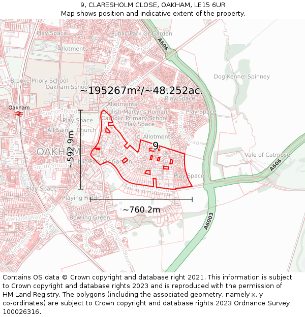9, CLARESHOLM CLOSE, OAKHAM, LE15 6UR: Plot and title map