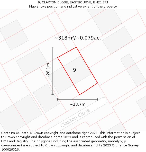 9, CLAXTON CLOSE, EASTBOURNE, BN21 2RT: Plot and title map