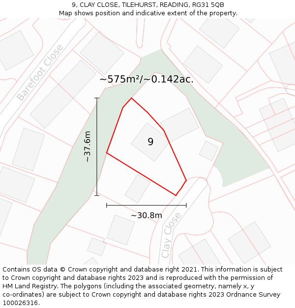 9, CLAY CLOSE, TILEHURST, READING, RG31 5QB: Plot and title map