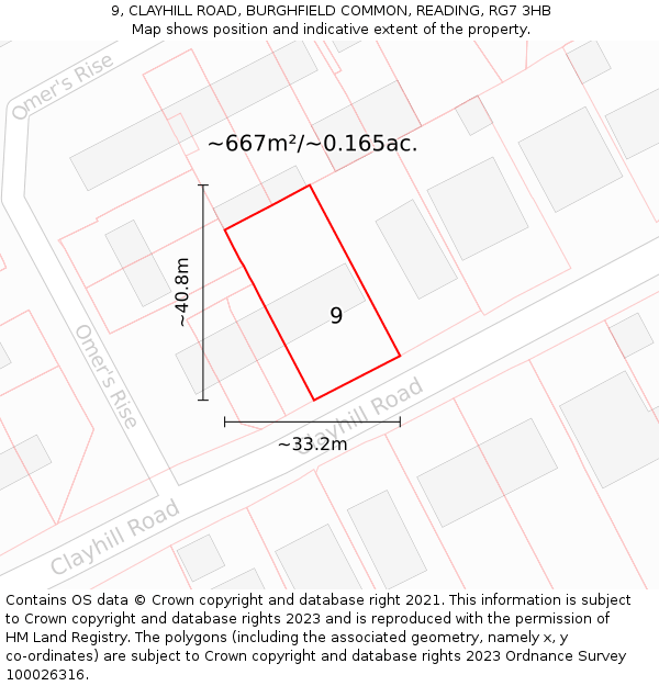 9, CLAYHILL ROAD, BURGHFIELD COMMON, READING, RG7 3HB: Plot and title map