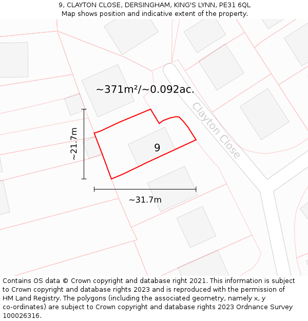 9, CLAYTON CLOSE, DERSINGHAM, KING'S LYNN, PE31 6QL: Plot and title map