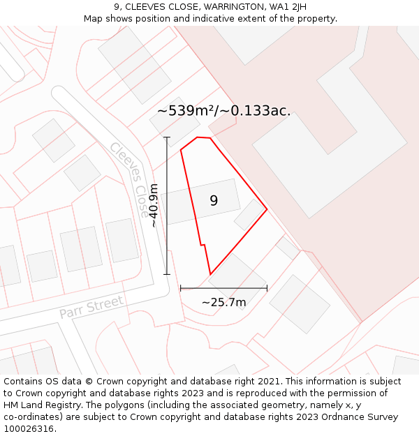 9, CLEEVES CLOSE, WARRINGTON, WA1 2JH: Plot and title map