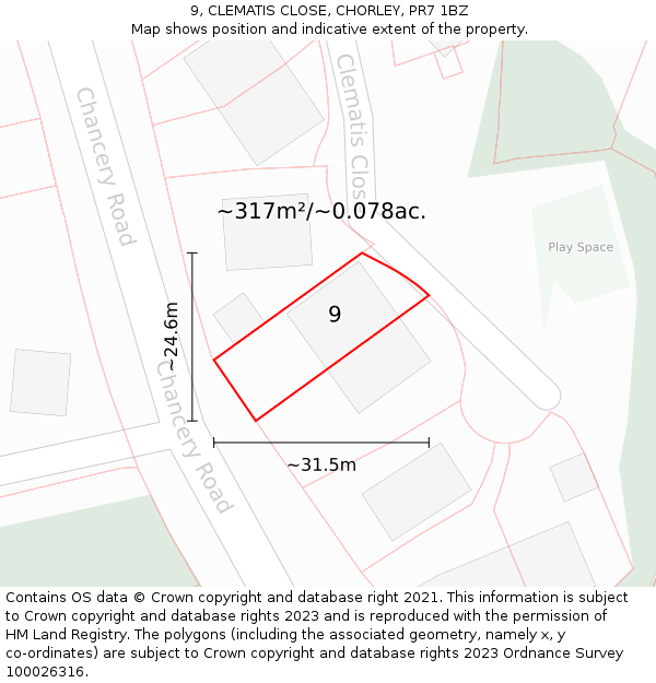 9, CLEMATIS CLOSE, CHORLEY, PR7 1BZ: Plot and title map