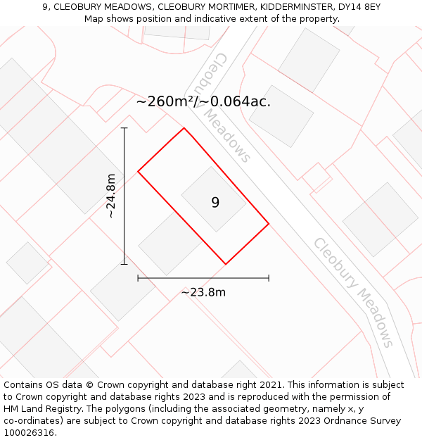 9, CLEOBURY MEADOWS, CLEOBURY MORTIMER, KIDDERMINSTER, DY14 8EY: Plot and title map