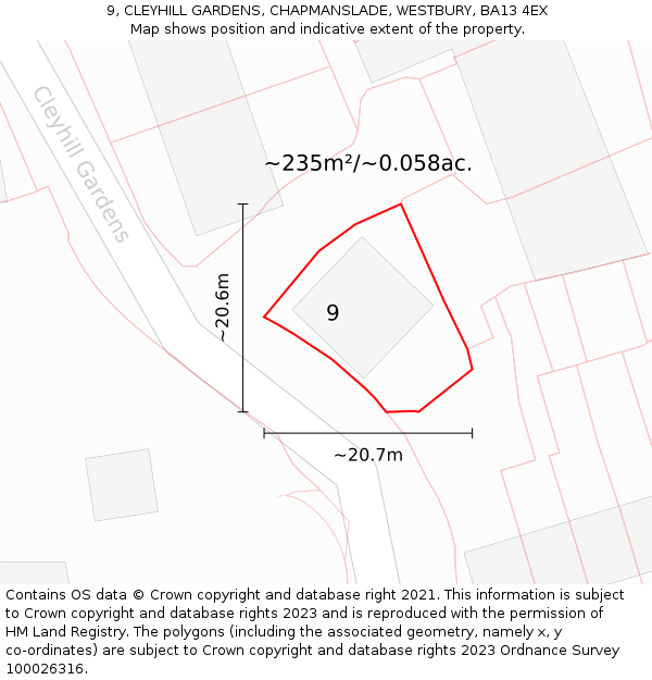9, CLEYHILL GARDENS, CHAPMANSLADE, WESTBURY, BA13 4EX: Plot and title map