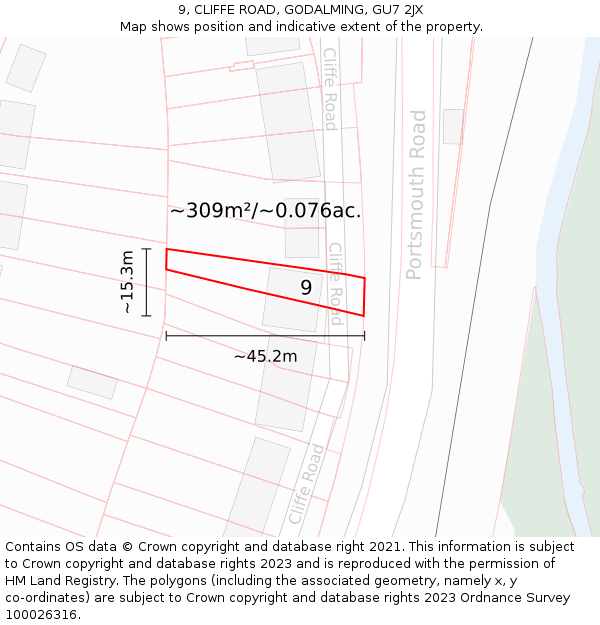 9, CLIFFE ROAD, GODALMING, GU7 2JX: Plot and title map