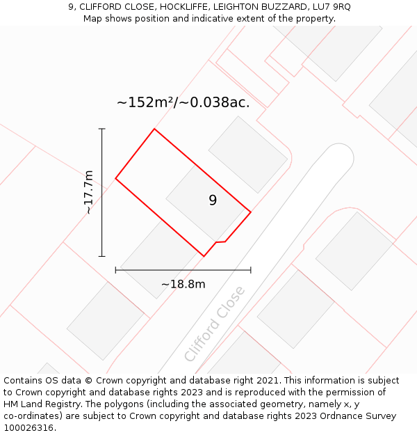 9, CLIFFORD CLOSE, HOCKLIFFE, LEIGHTON BUZZARD, LU7 9RQ: Plot and title map