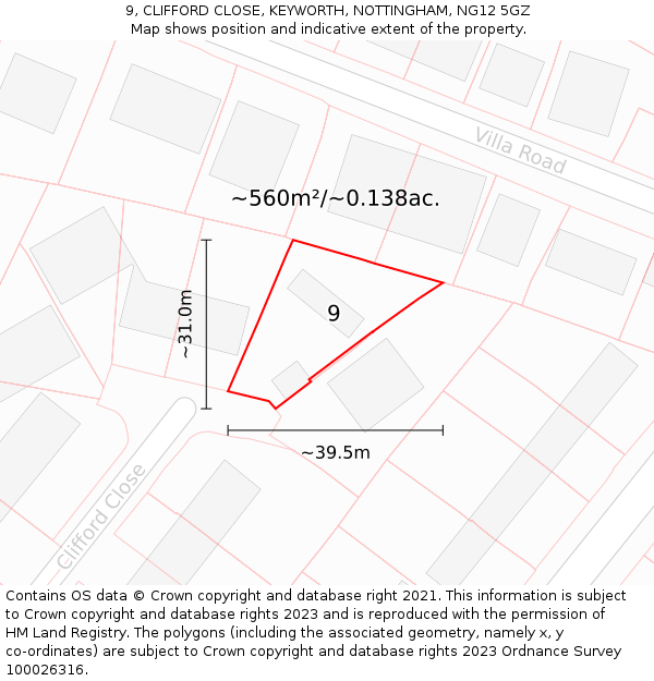 9, CLIFFORD CLOSE, KEYWORTH, NOTTINGHAM, NG12 5GZ: Plot and title map