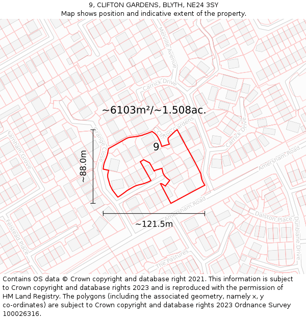 9, CLIFTON GARDENS, BLYTH, NE24 3SY: Plot and title map