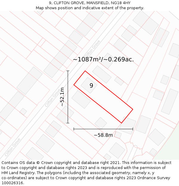 9, CLIFTON GROVE, MANSFIELD, NG18 4HY: Plot and title map