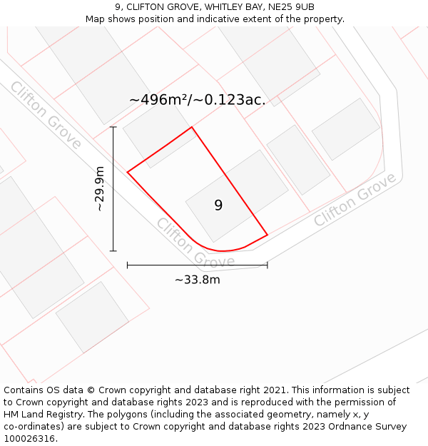 9, CLIFTON GROVE, WHITLEY BAY, NE25 9UB: Plot and title map