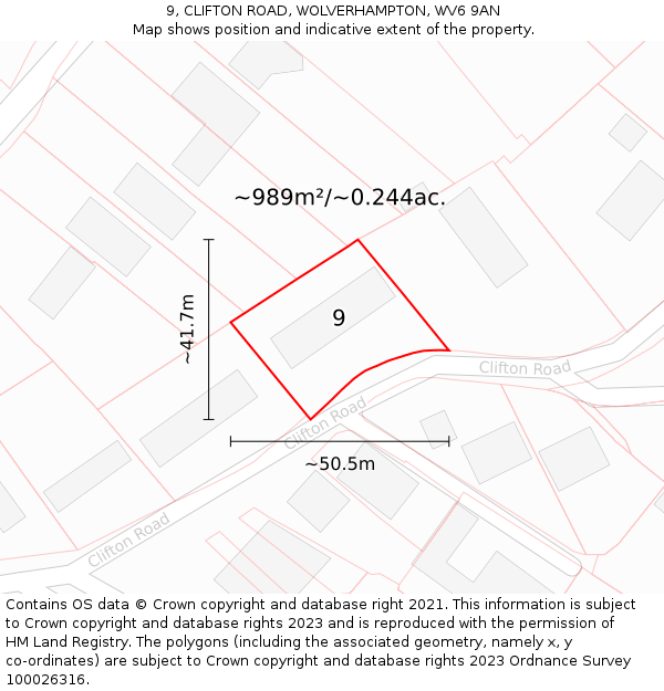 9, CLIFTON ROAD, WOLVERHAMPTON, WV6 9AN: Plot and title map