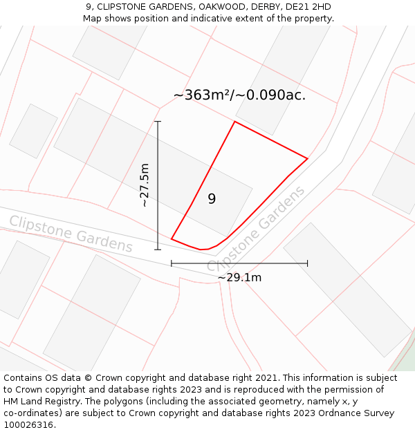 9, CLIPSTONE GARDENS, OAKWOOD, DERBY, DE21 2HD: Plot and title map