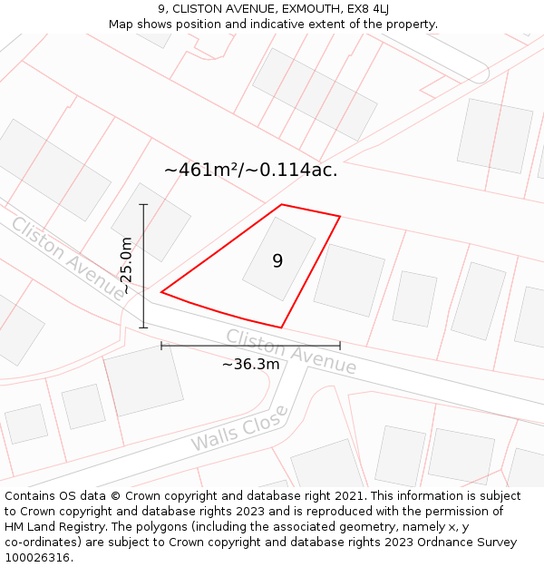 9, CLISTON AVENUE, EXMOUTH, EX8 4LJ: Plot and title map