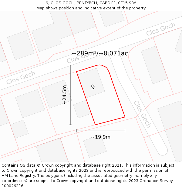 9, CLOS GOCH, PENTYRCH, CARDIFF, CF15 9RA: Plot and title map