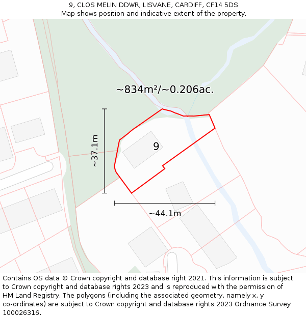 9, CLOS MELIN DDWR, LISVANE, CARDIFF, CF14 5DS: Plot and title map